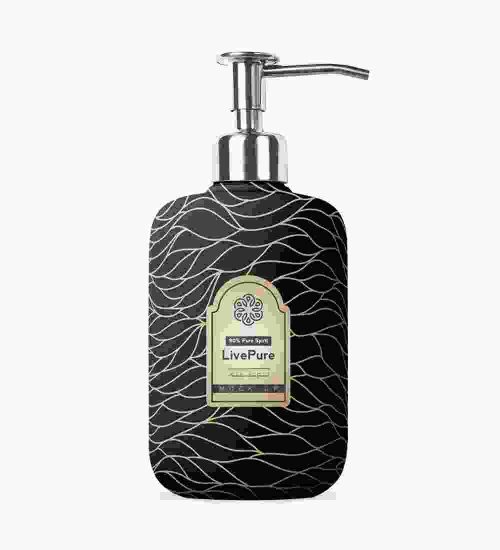 A soap dispenser with a black and white design.